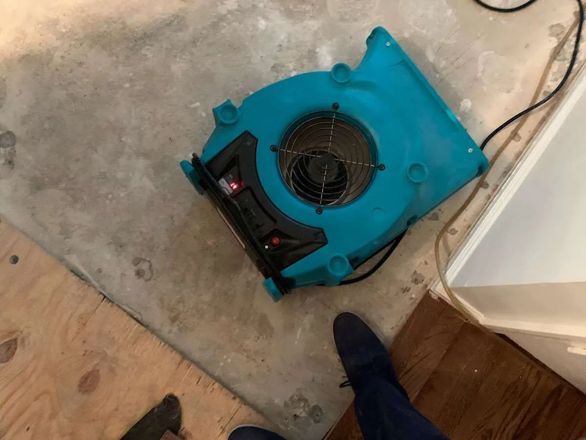 Air mover drying subfloor during Commercial Water Damage Restoration in Hurricane